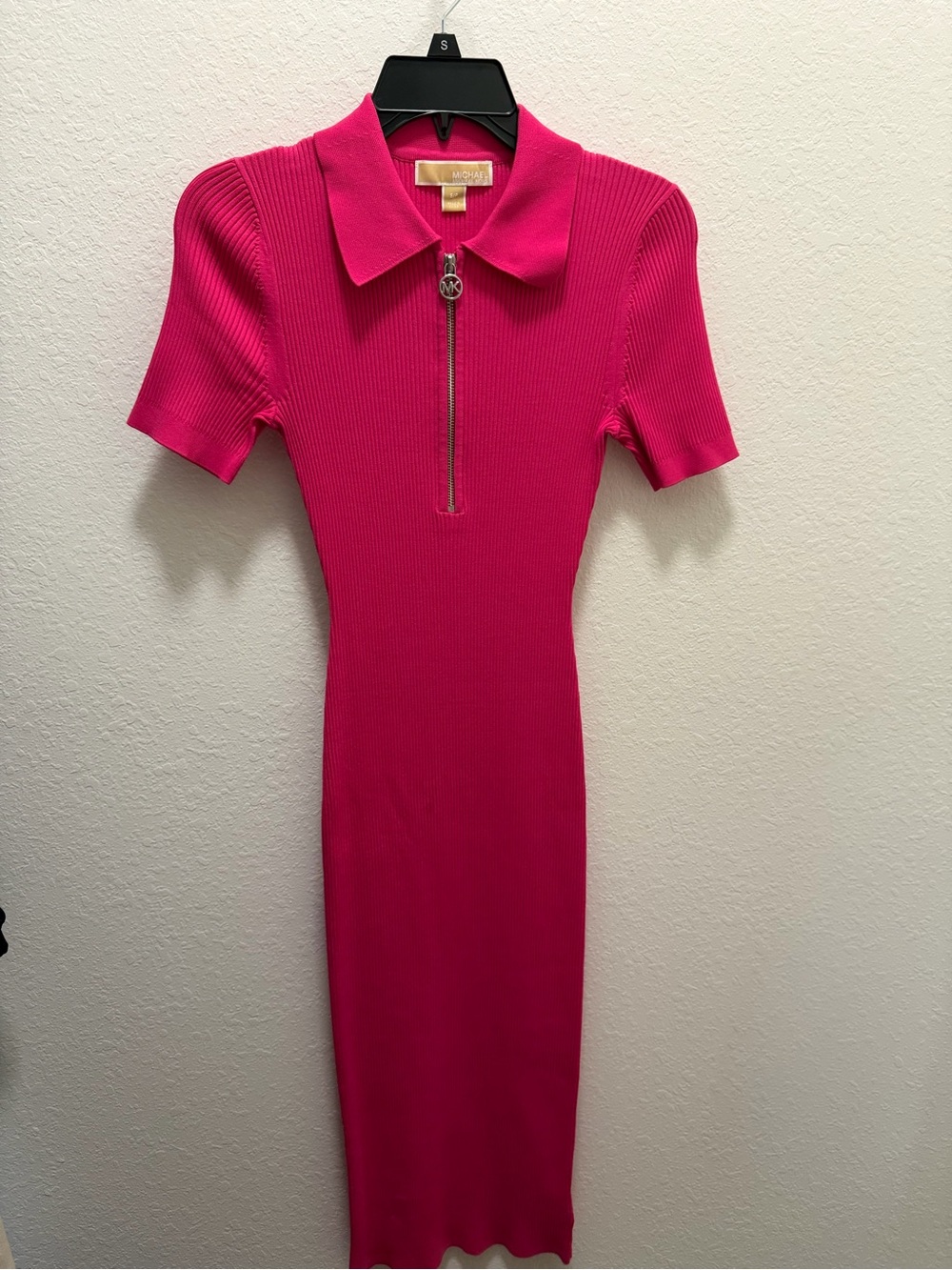 Michael Kors Hot Pink Ribbed Polo Zip Midi Dress